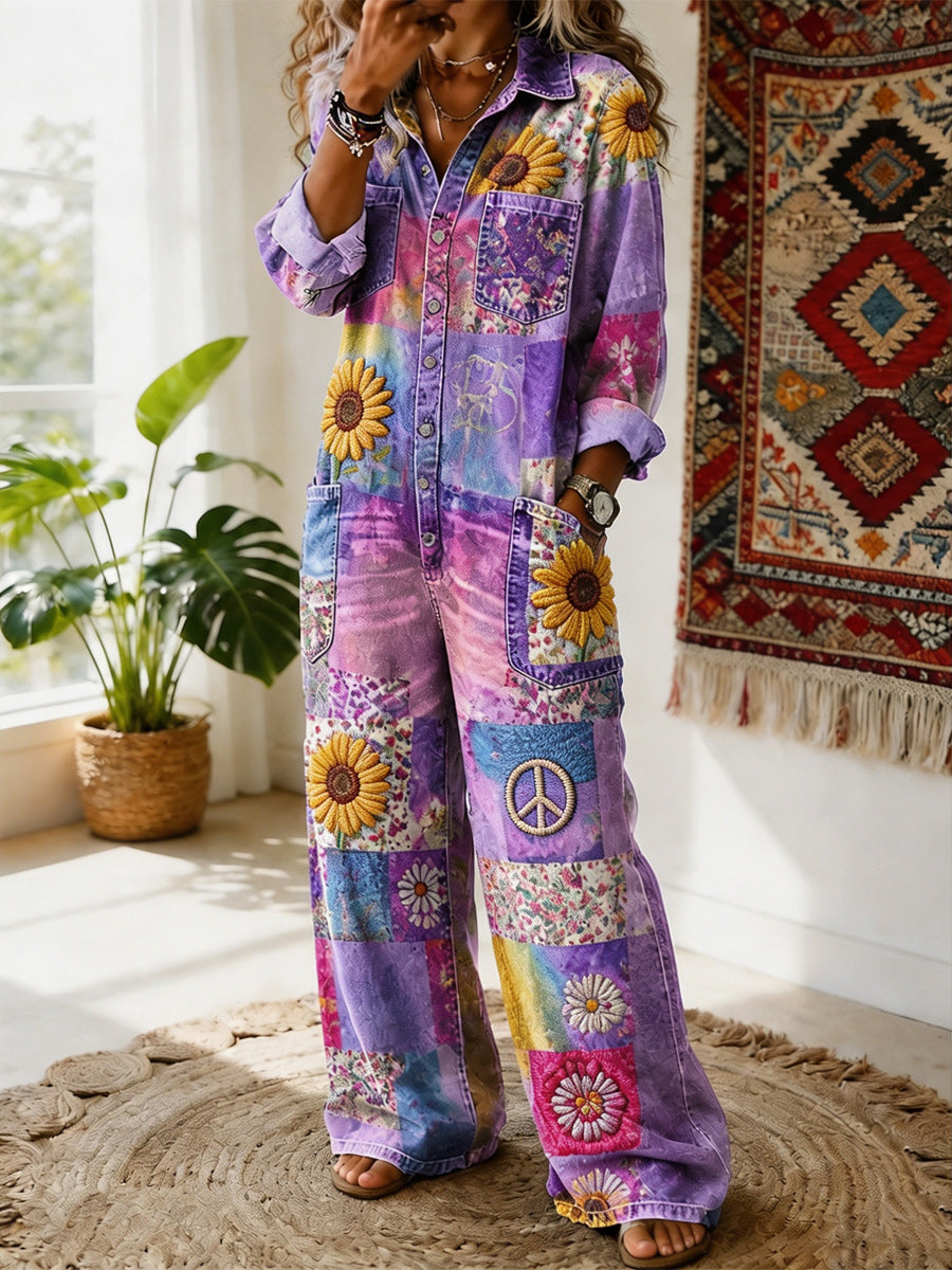 Women's Retro Style Art Print Washed V-Neck Cotton Denim Patchwork Jumpsuit